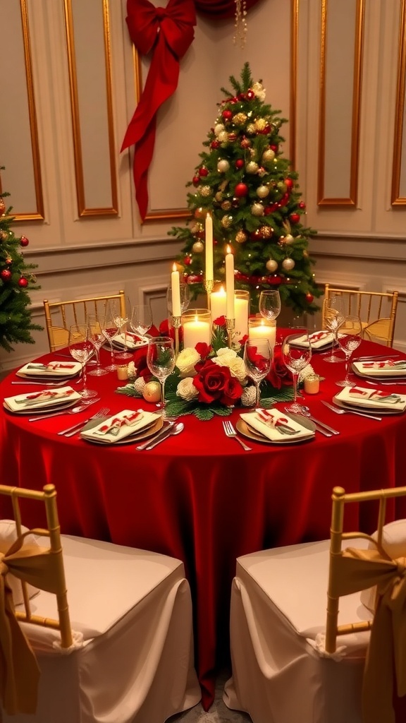A round Christmas table setting with red tablecloth, elegant dinnerware, and a floral centerpiece.